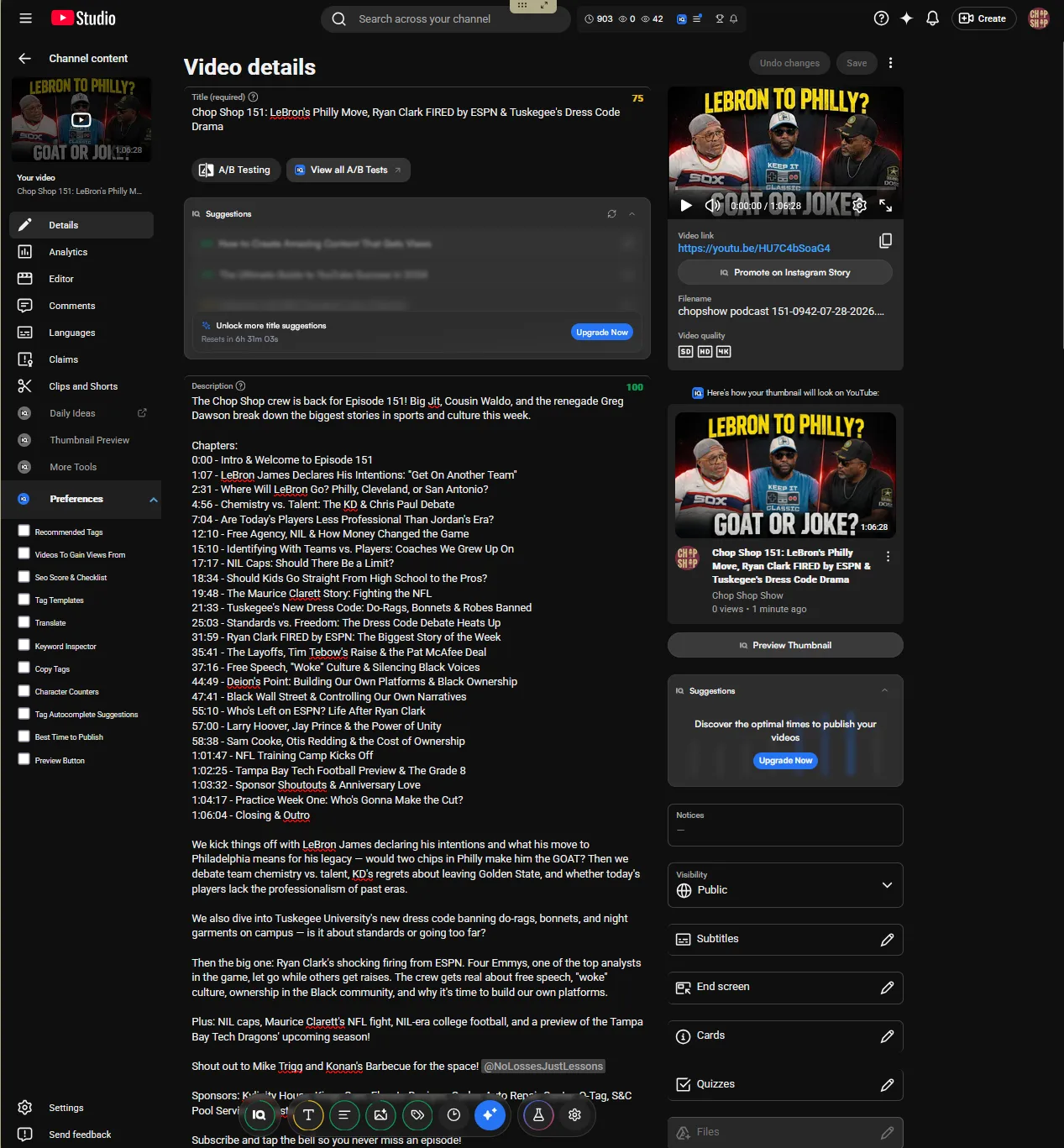 YouTube Studio showing the finished Chop Shop Show episode, thumbnail, description, and reviewed chapter markers